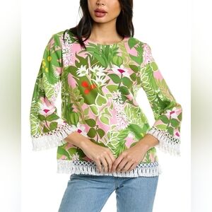 Sz 14 Trina Turk Floral Top Fringe Trim Bell Sleeve Green Pink